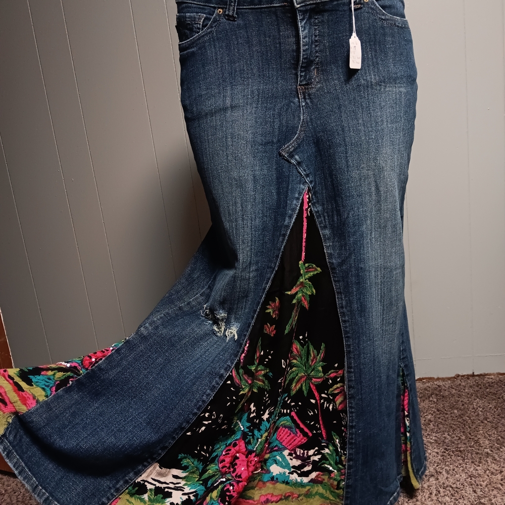 Denim Maxi Skirt with Floral Insert